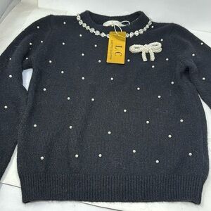 LIZETTE COLLECTION black sweater with pearl-shaped stones on the neck, size M